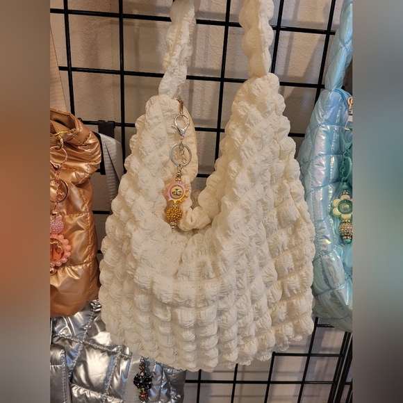 White Quilted Popcorn Puffer Bag With Handmade Beaded Key Charm - Picture 1 of 1